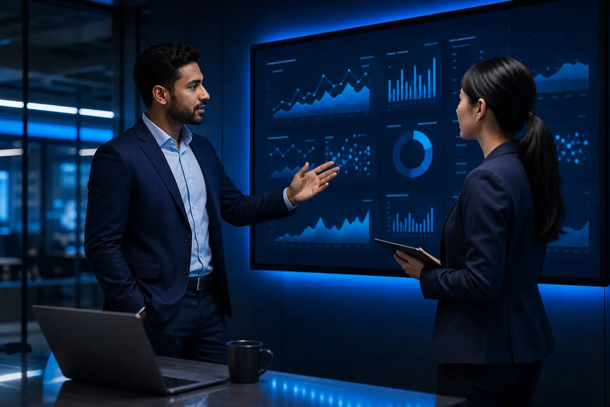 Consulting session with enterprise analytics dashboard